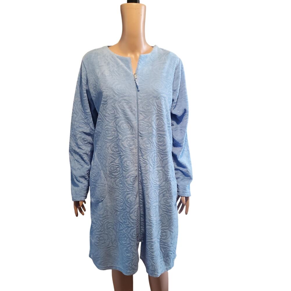 NEW Stan Herman Size S  Rose Embossed Fleece Full Zip Knee Robe House Dress Blue